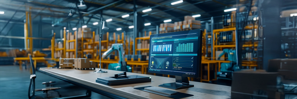 Dashboard mit Echtzeitdaten im Lager – Verbindung zwischen digitalem E-Commerce Fulfillment-System und physischer Logistik.