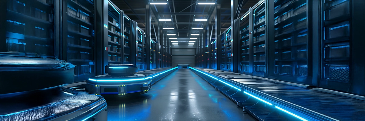 Lager mit Dashboard, Robotik und modernen Regalsystemen – Symbol für smartes, KI-gesteuertes Fulfillment.