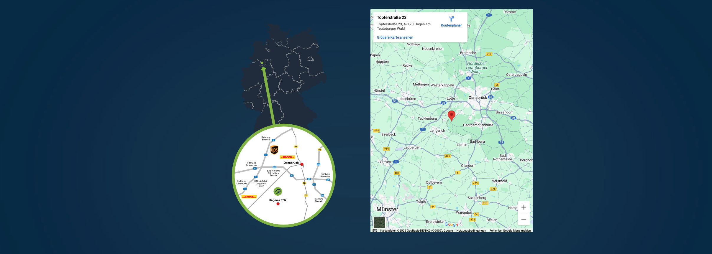 Standortkarte von fulfilledByMates in Hagen a.T.W. bei Osnabrück mit Nähe zu DHL- und UPS-Hubs.