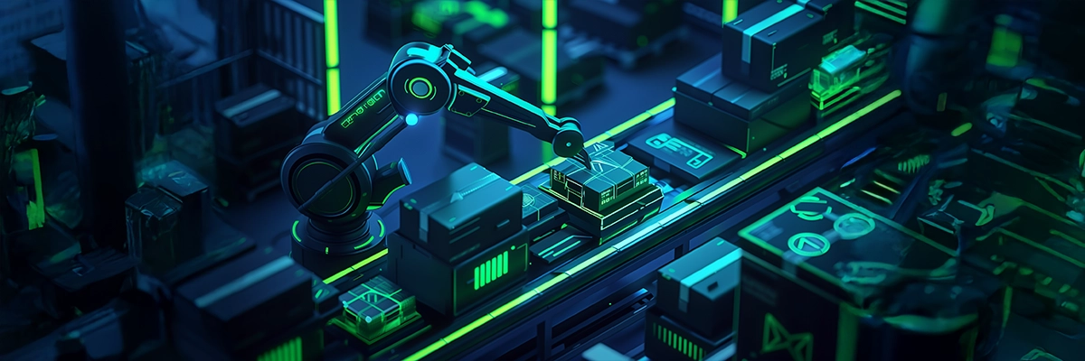 Futuristischer Roboterarm beim automatisierten Packvorgang in einem digital gesteuerten Lager mit Förderband und smarten Paketen. / Fulfillment