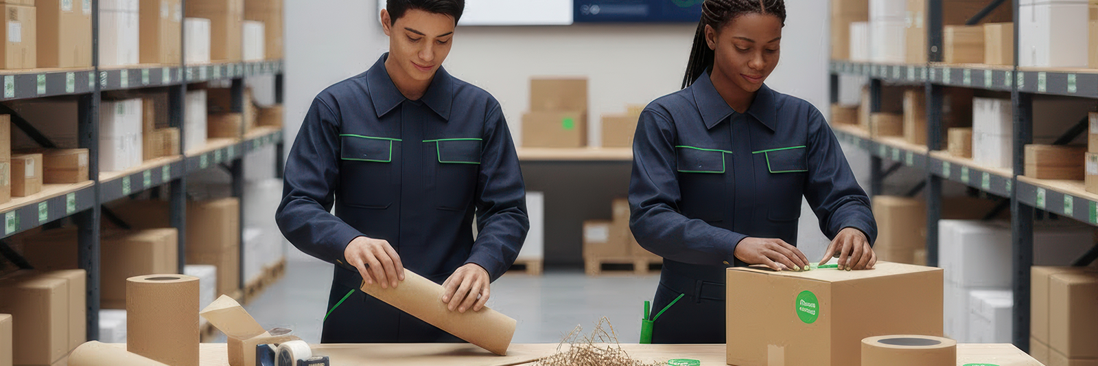 titelbild einer hellen fulfillment-fläche mit hohen regalen; zwei mitarbeitende packen bestellungen am tisch mit papier und karton, im hintergrund dezente dashboards ohne text, akzente in dunkelblau und grün für ein nachhaltiges, transparentes ecommerce-fulfillment