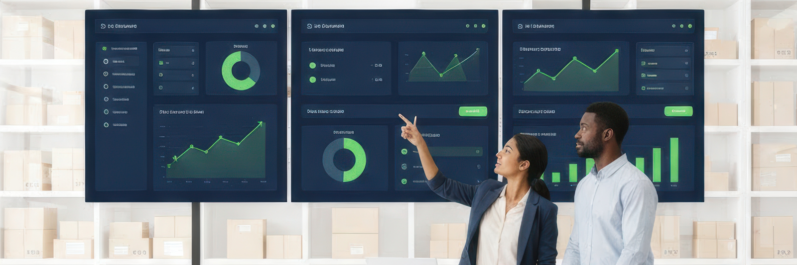 titelbild eines modernen fulfillment dashboards auf grossen bildschirmen; diagramme und kpi karten zeigen bestände, auftragsstatus und retourenquoten; im vordergrund arbeiten zwei personen in einer hellen logistikfläche; akzente in dunkelblau und grün stehen für transparente, datengetriebene fulfillment-prozesse