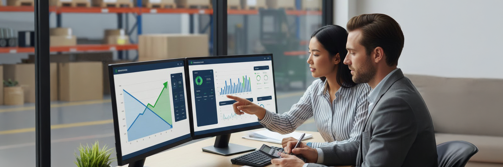 titelbild eines modernen bueros mit grossem bildschirm, auf dem abstrakte diagramme zu fulfillment-dienstleister kosten und einsparpotenzialen zu sehen sind; zwei personen analysieren daten, im hintergrund ist durch eine glaswand ein lager mit regalen und kartons angedeutet; akzente in dunkelblau und gruen stehen fuer transparente, effiziente logistik im ecommerce