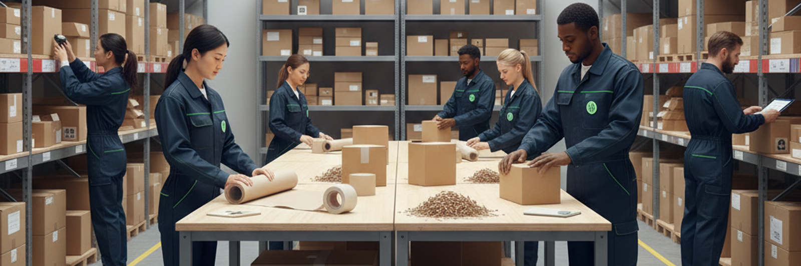 mehrere mitarbeitende eines fulfillment-dienstleisters in nrw arbeiten in einem hellen lager an packtischen; sie verpacken kartons mit papier und füllmaterial, umgeben von hohen regalen mit sendebereiten paketen