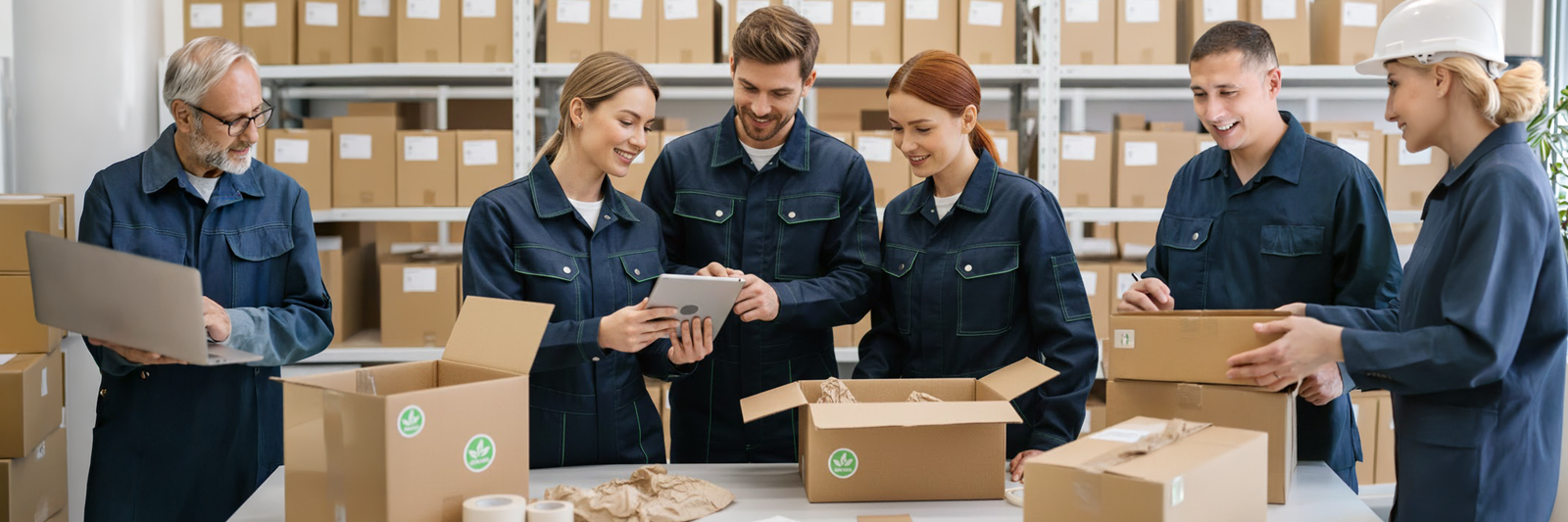 mehrere mitarbeitende arbeiten in einem modernen lager an packtischen; sie kommissionieren und verpacken kartons fuer online-bestellungen; im hintergrund hohe regale mit paketen als symbol fuer einen fulfillment-dienstleister im ecommerce