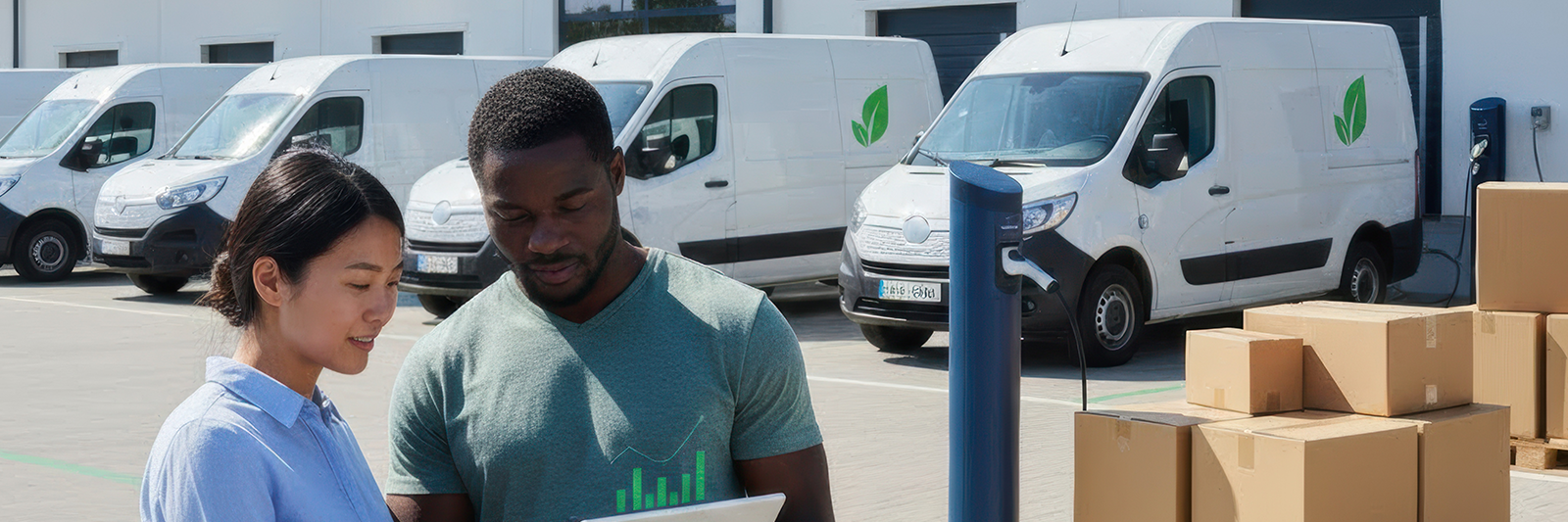titelbild eines modernen fulfillment-lagers mit recyclingkartons und papierpolstern; zwei mitarbeitende arbeiten an einem packtisch, im hintergrund gruene akzente und pflanzen; bildschirme zeigen schematische kpi-grafiken ohne lesbaren text als symbol fuer nachhaltige, transparente ecommerce-logistik