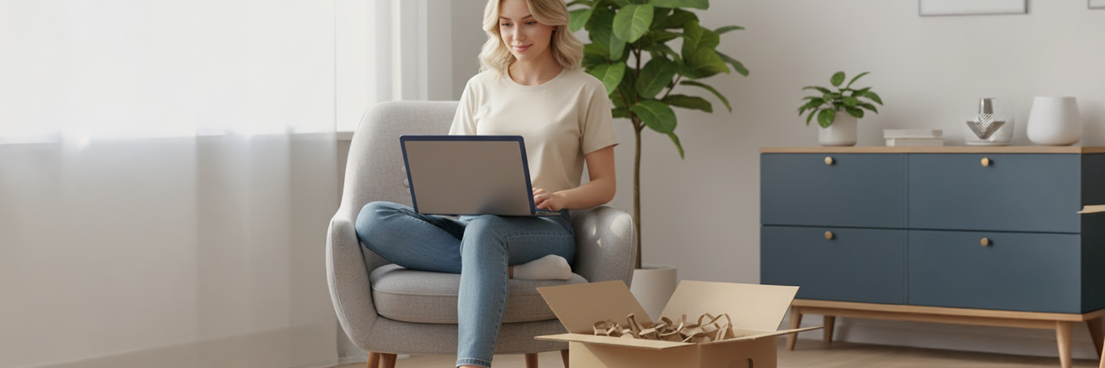 helles fulfillment-lager mit recyclingkartons und papierfuellmaterial; ein kleines team mit europaeischem erscheinungsbild arbeitet laechelnd an packtischen; gruene akzente und dezente dashboards im hintergrund symbolisieren nachhaltiges e-commerce-fulfillment