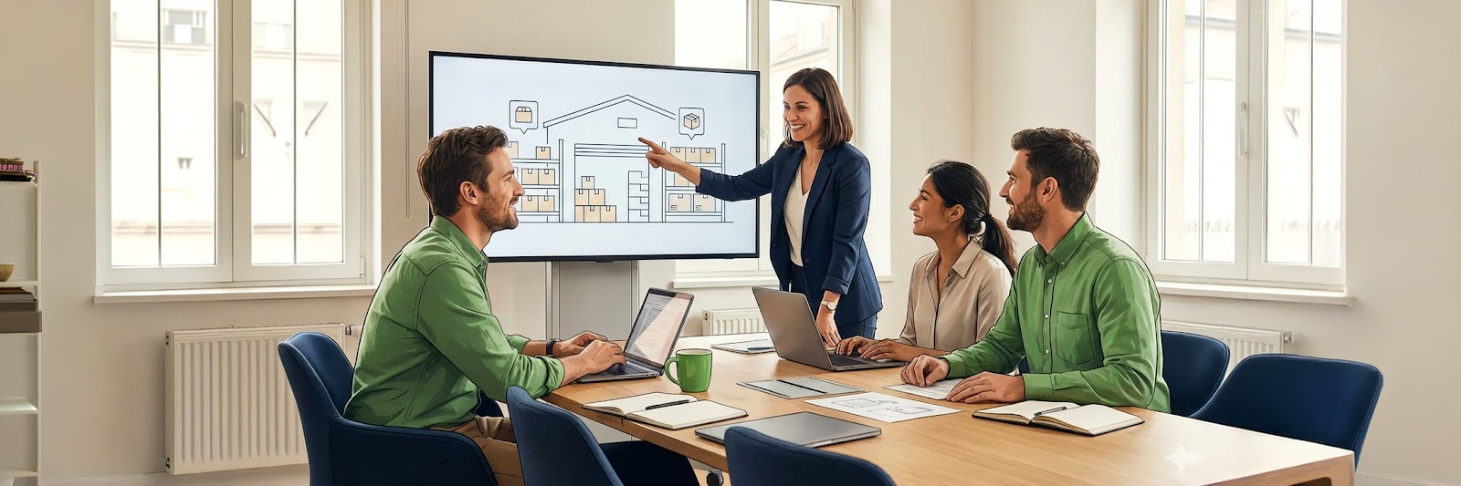 zwei personen mit europaeischem erscheinungsbild stehen in einem modernen buero vor einem grossen bildschirm; darauf ist schematisch ein lager und paketversand zu sehen; beide diskutieren laechelnd und symbolisieren die auswahl eines passenden fulfillment models fuer den ecommerce