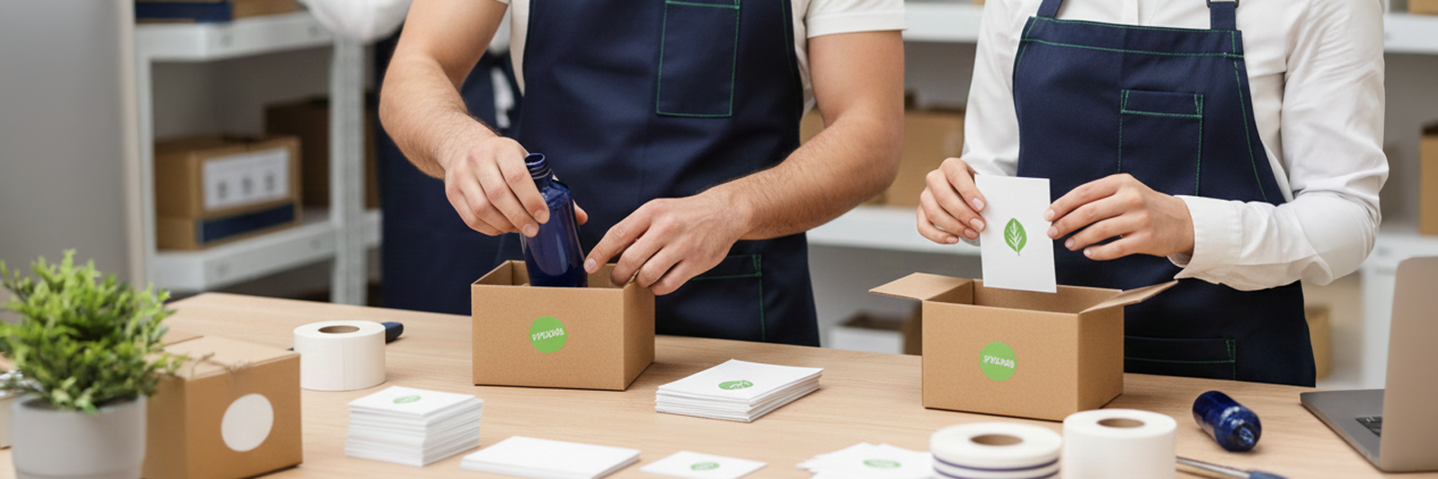 zwei personen stehen in einem modernen lager vor einem regal mit vorbereiteten sets und bundles; sie betrachten gemeinsam ein muster-set und laecheln zufrieden; die szene symbolisiert die wachsende bedeutung von waren-konfektionierung im fulfillment