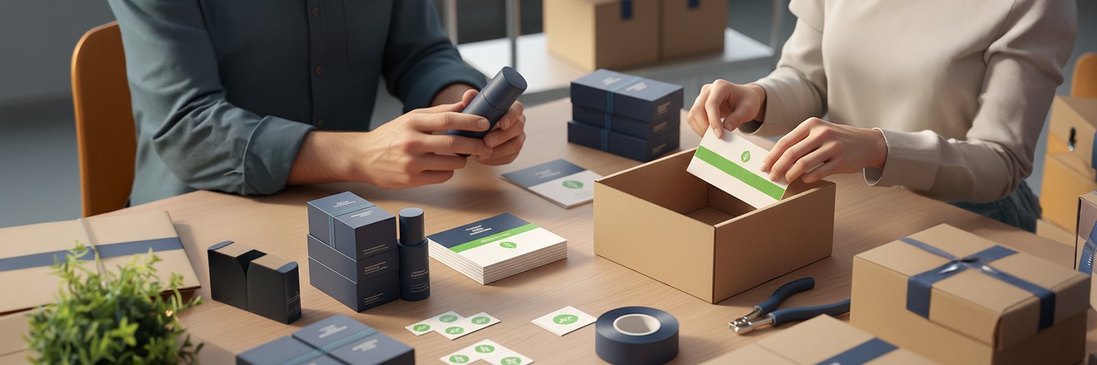 kleines team mit europaeischem erscheinungsbild steht an einem grossen tisch und stellt sets aus verschiedenen produkten zusammen; kartons, beileger und etiketten liegen bereit; die szene zeigt konzentrierte, leicht laechelnde gesichter und symbolisiert waren-konfektionierung im fulfillment