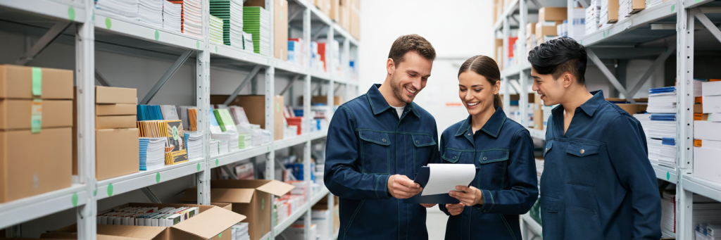 drei personen stehen in einem lager vor regalen mit kartons, broschueren und rollups; sie pruefen gemeinsam eine versandliste und laecheln zufrieden; die szene zeigt eine gut organisierte werbemittel logistik fuer marketing und vertrieb