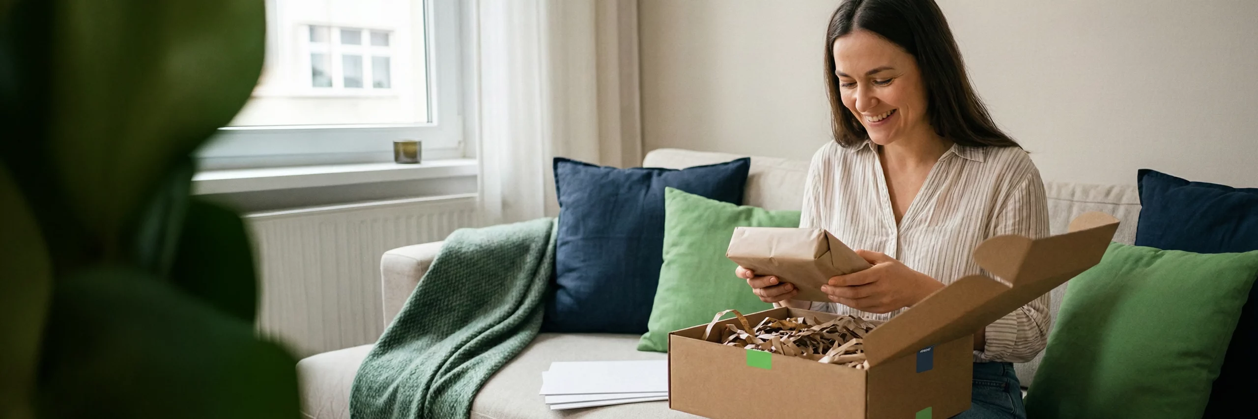 person mit europaeischem erscheinungsbild oeffnet zuhause einen recyclingkarton mit papierpolster und laechelt zufrieden; ein ordentlich verpacktes produkt und beileger liegen bereit, unboxing wirkt hochwertig