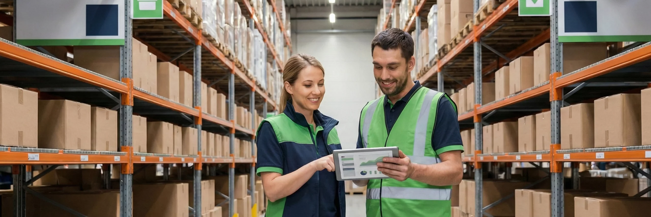 zwei personen mit europaeischem erscheinungsbild in einem modernen lagergang; sie pruefen konzentriert und laechelnd eine liste am tablet, regale und kartons wirken geordnet und sauber