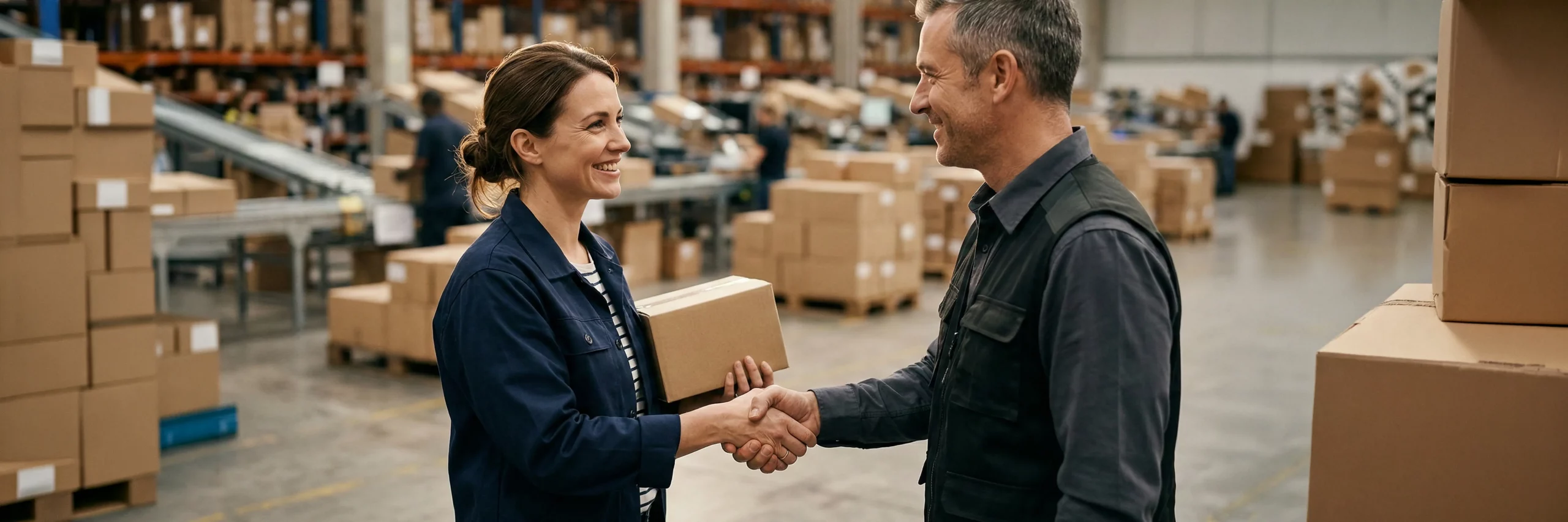 E-Commerce Händler und Fulfillment-Experte besiegeln Partnerschaft per Handschlag im Versandlager.