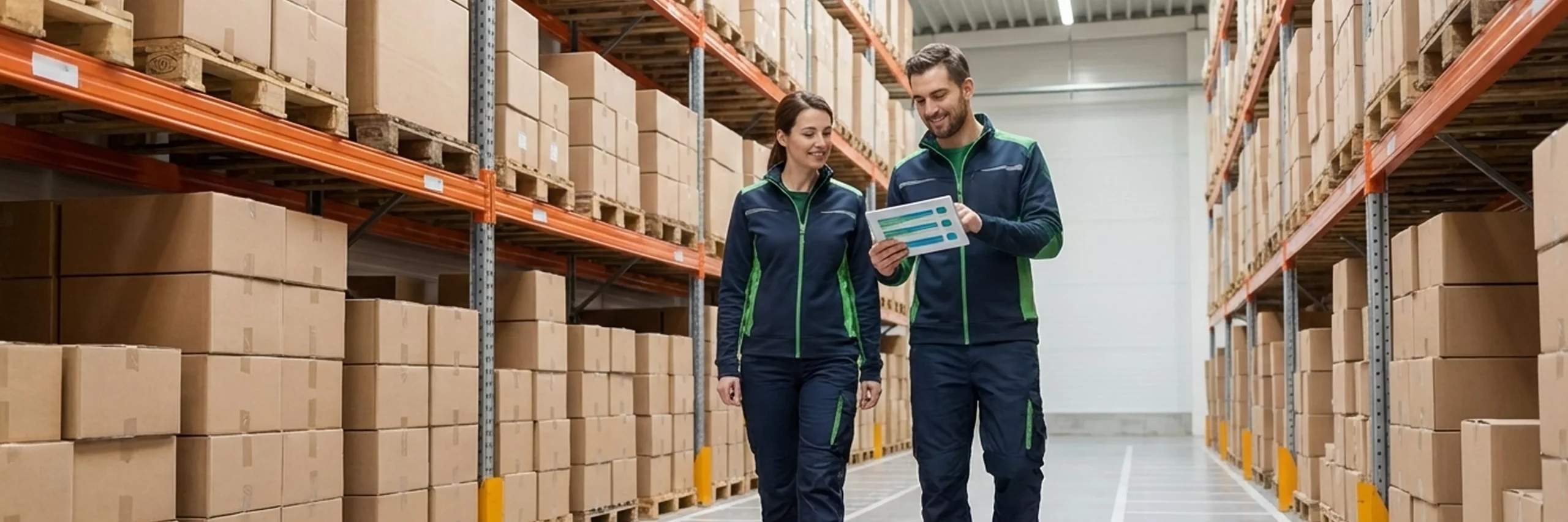 aussenansicht eines modernen fulfillment lagers in deutschland mit solardach und laderampen; zwei personen mit europaeischem erscheinungsbild laecheln zuversichtlich und pruefen ein klemmbrett, e-transporter stehen bereit