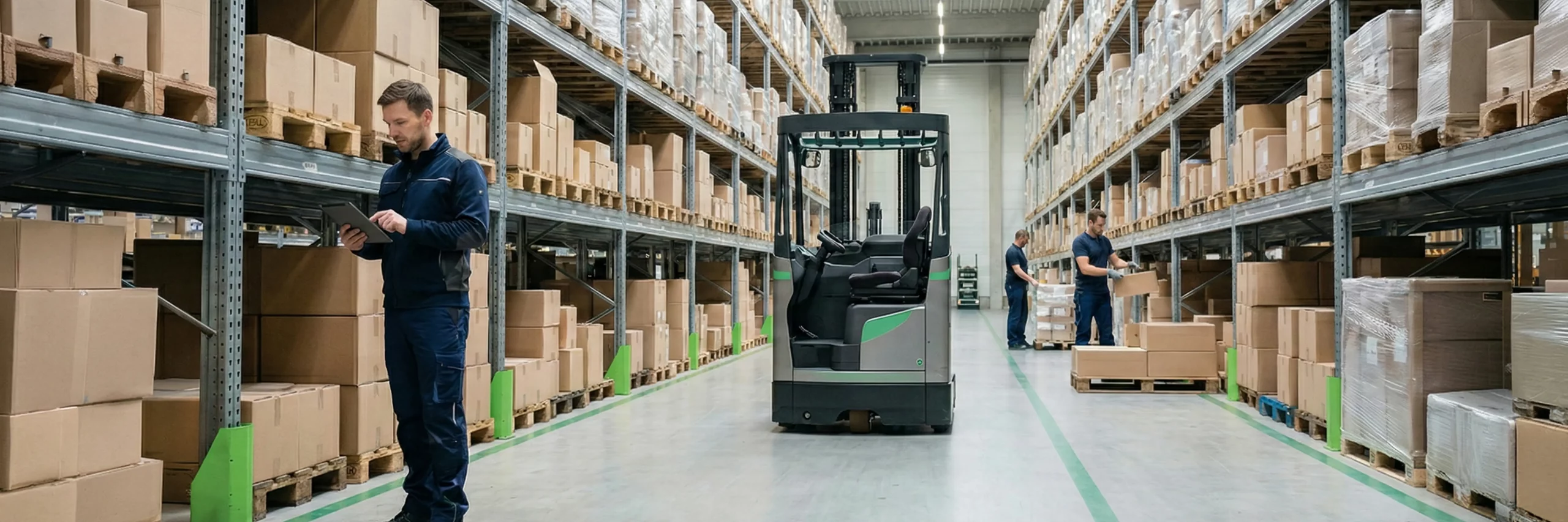 breiter lagergang in einem fulfillment lager mit hohen regalen und paletten; mitarbeitende arbeiten im gang, ein gruener stapler faehrt durch das lager, kartons stehen versandbereit