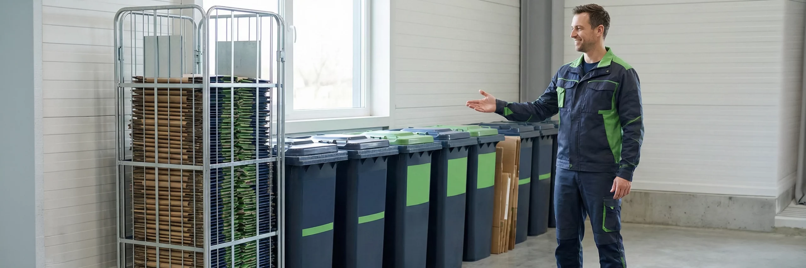 person mit europaeischem erscheinungsbild steht in einem lager neben sauber sortierten recyclingmaterialien aus papier und karton; sie laechelt zufrieden und zeigt auf die station, nachhaltigkeit im fulfillment lager ist sichtbar
