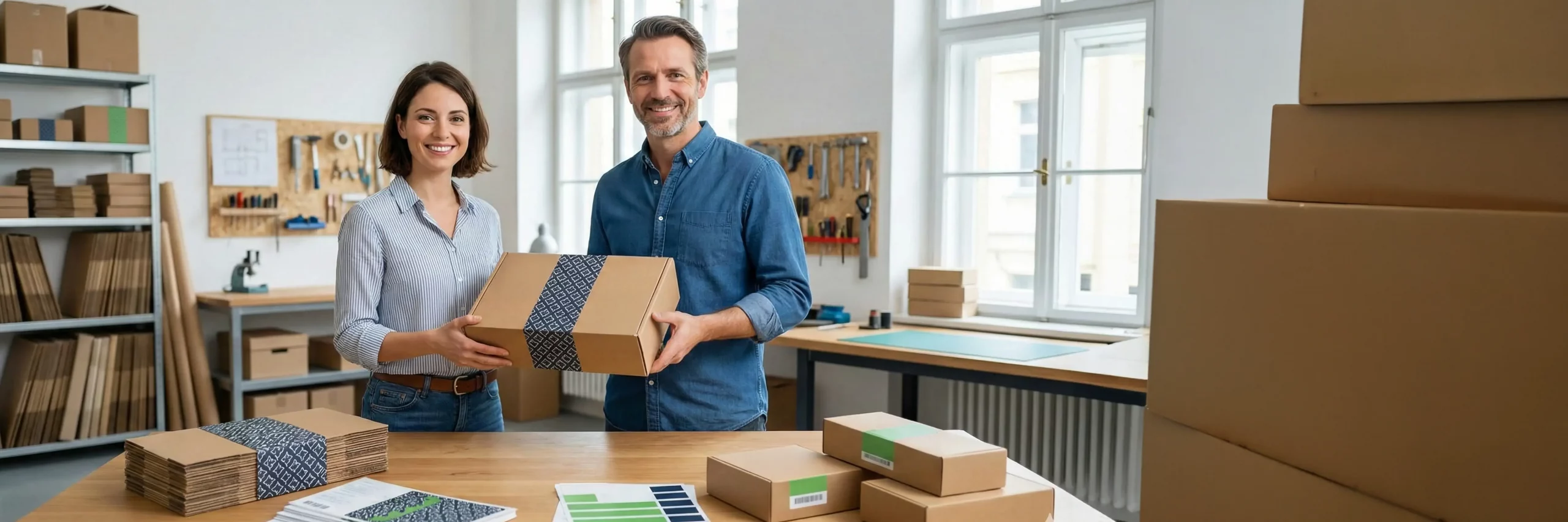 zwei personen mit europaeischem erscheinungsbild halten eine hochwertige verpackungsloesung und laecheln stolz; banderolen und muster-materialien liegen bereit, das motiv zeigt custom packaging im fulfillment