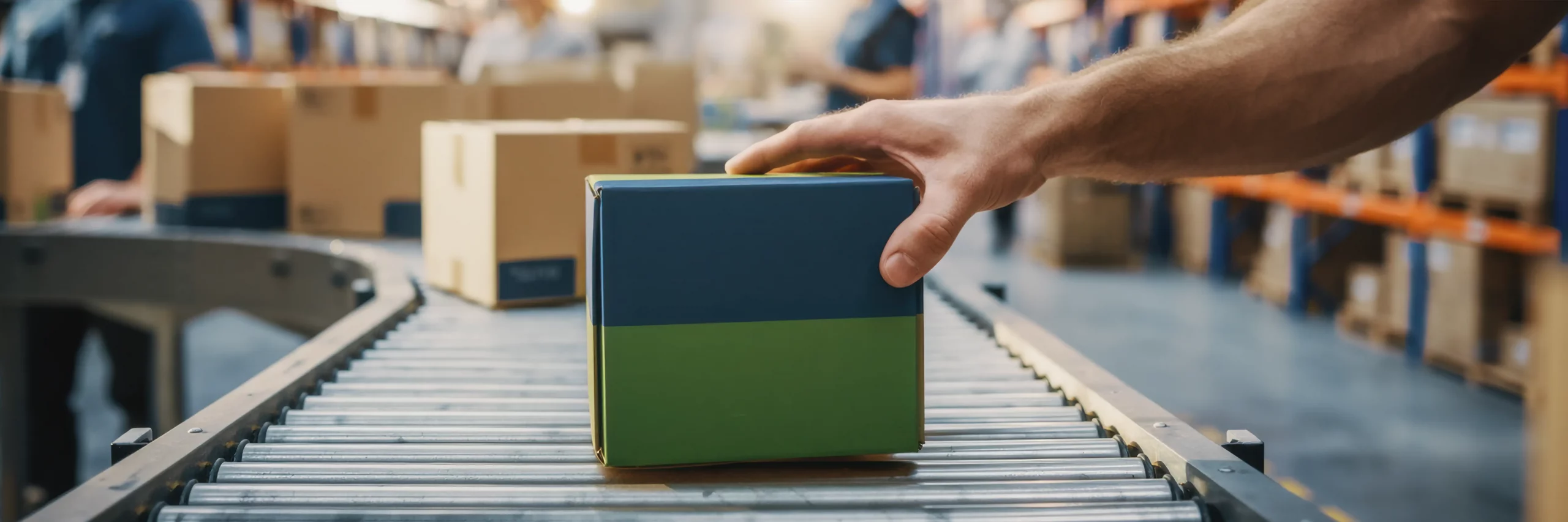 hand platziert paket auf förderband im modernen fulfillment zentrum mit nachhaltiger verpackung und effizienten logistikprozessen