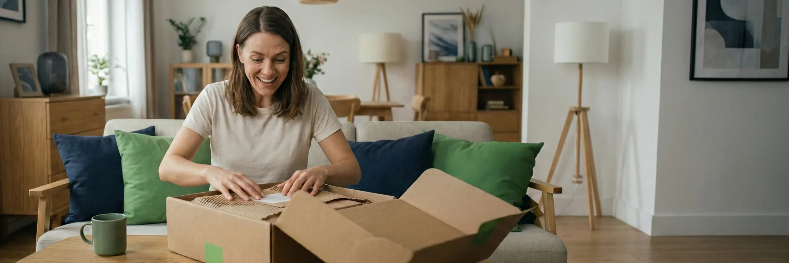 person mit europaeischem erscheinungsbild oeffnet ein paket und laechelt zufrieden; innen liegen papierpolster und ein passgenaues inlay, das unboxing wirkt hochwertig und nachhaltig