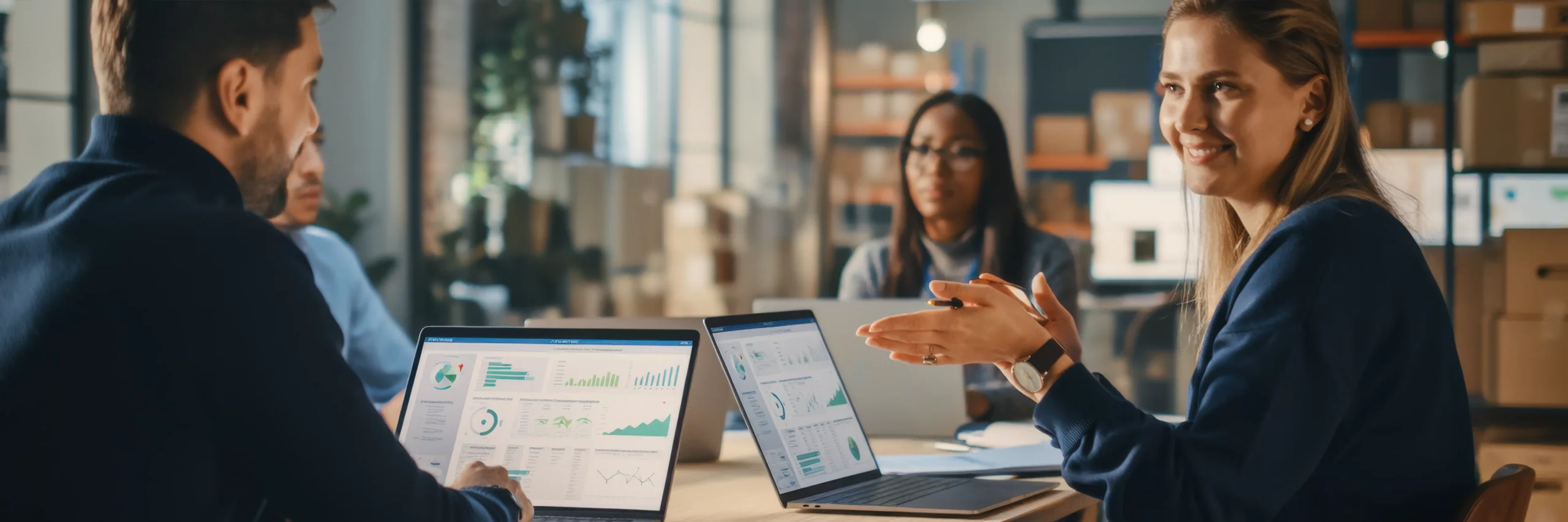 diverses team bespricht fulfillment services am laptop, analyse von logistikdaten und strategische planung für effiziente ecommerce prozesse