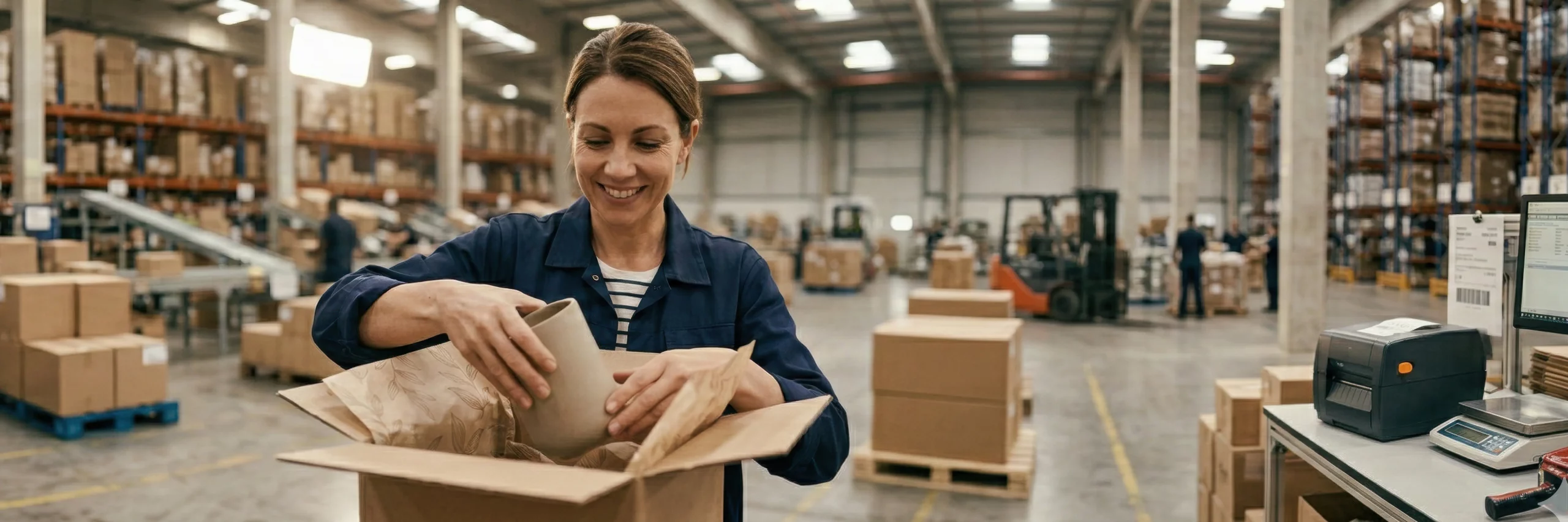 Mitarbeiterin im Fulfillment-Center verpackt hochwertige Keramik mit nachhaltigem Seidenpapier in einen Versandkarton.