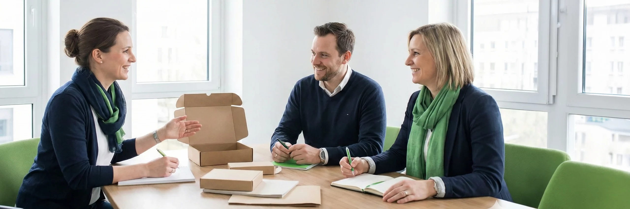 drei personen mit europaeischem erscheinungsbild sitzen an einem tisch und betrachten ein musterpaket; sie laecheln und diskutieren ruhig, das motiv zeigt fulfillment services als partnerschaftliche markenleistung