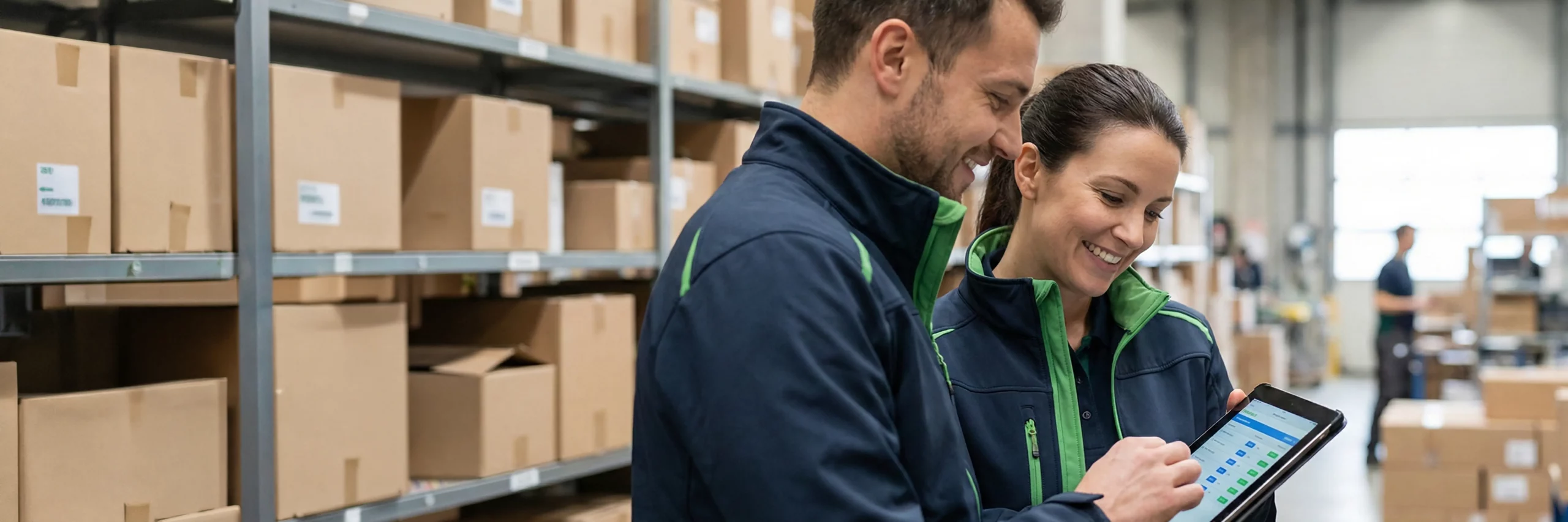 zwei mitarbeitende mit europaeischem erscheinungsbild pruefen kartons im wareneingang; eine person scannt barcodes, die andere haelt ein klemmbrett; beide wirken konzentriert und zufrieden, jtl fulfillment wird operativ abgesichert