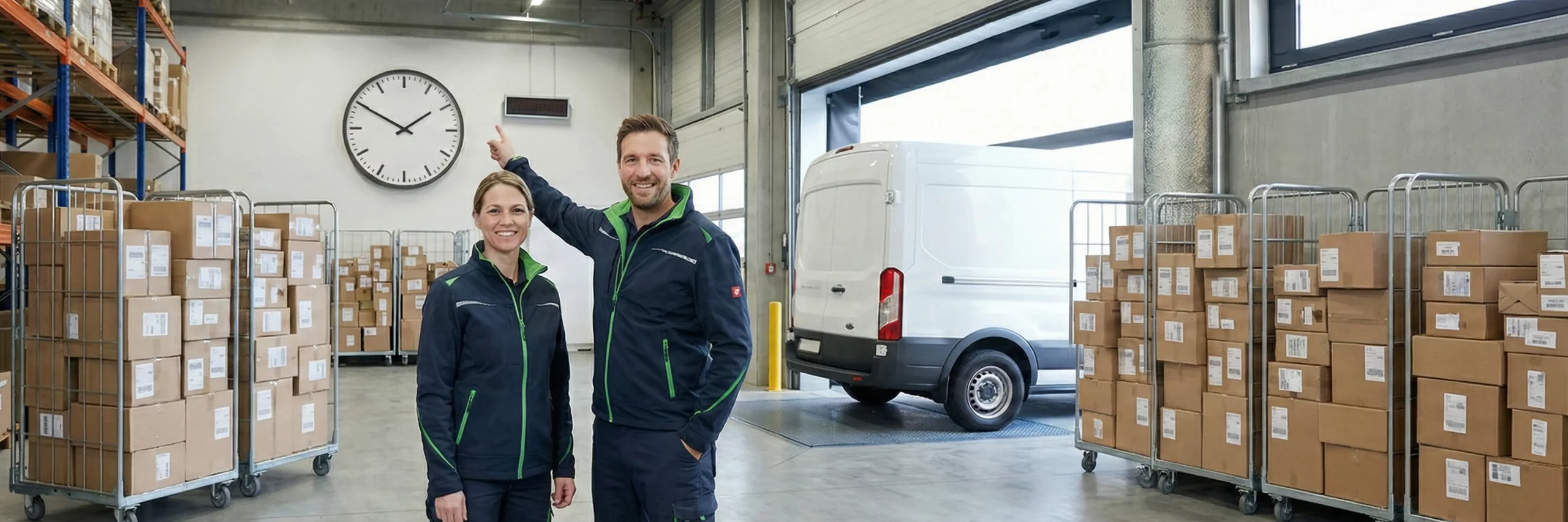 versandzone mit rollcontainern und paketen vor einer rampe; zwei personen mit europaeischem erscheinungsbild laecheln zufrieden waehrend ein transporter zur abholung bereitsteht, das motiv steht fuer jtl fulfillment versand und tracking