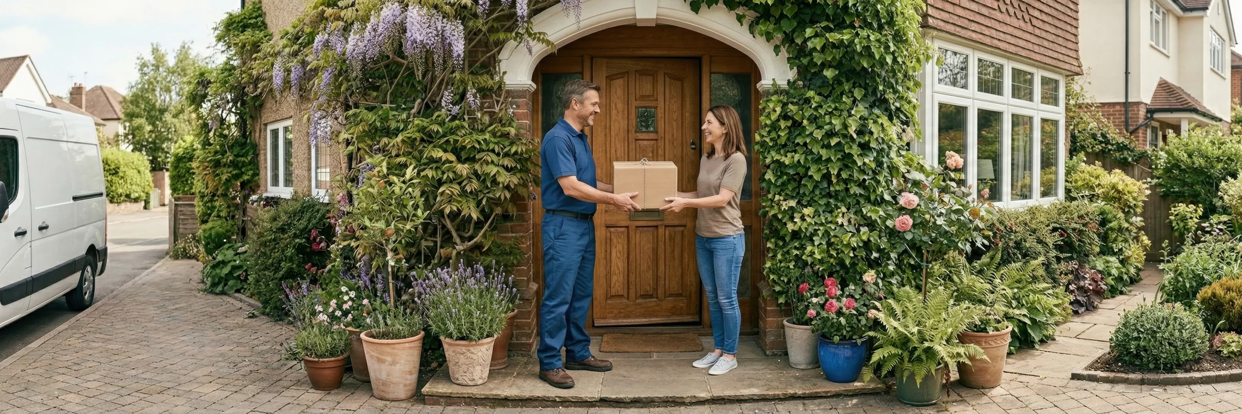 Paketbote übergibt eine umweltfreundliche Sendung an eine Kundin vor einer mit Blumen bewachsenen Haustür.