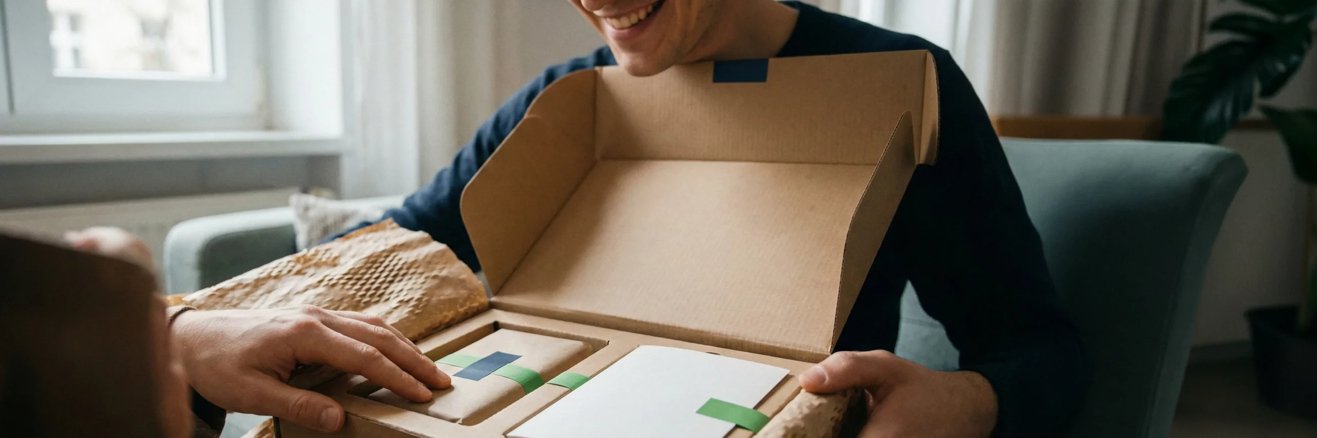 person mit europaeischem erscheinungsbild oeffnet ein paket und laechelt zufrieden; papierpolster und passgenaues karton-inlay schuetzen das produkt, nachhaltige verpackung ohne plastik