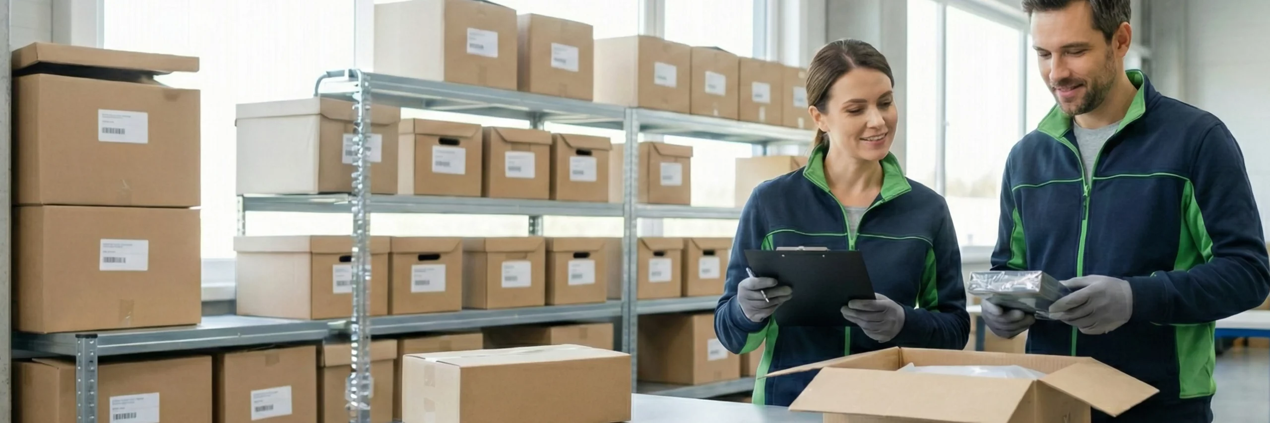 zwei mitarbeitende mit europaeischem erscheinungsbild pruefen eine retoure in einem hellen retourenbereich; sie arbeiten konzentriert und freundlich, neben ihnen stehen geordnete ruecksende-boxen und ein rollwagen