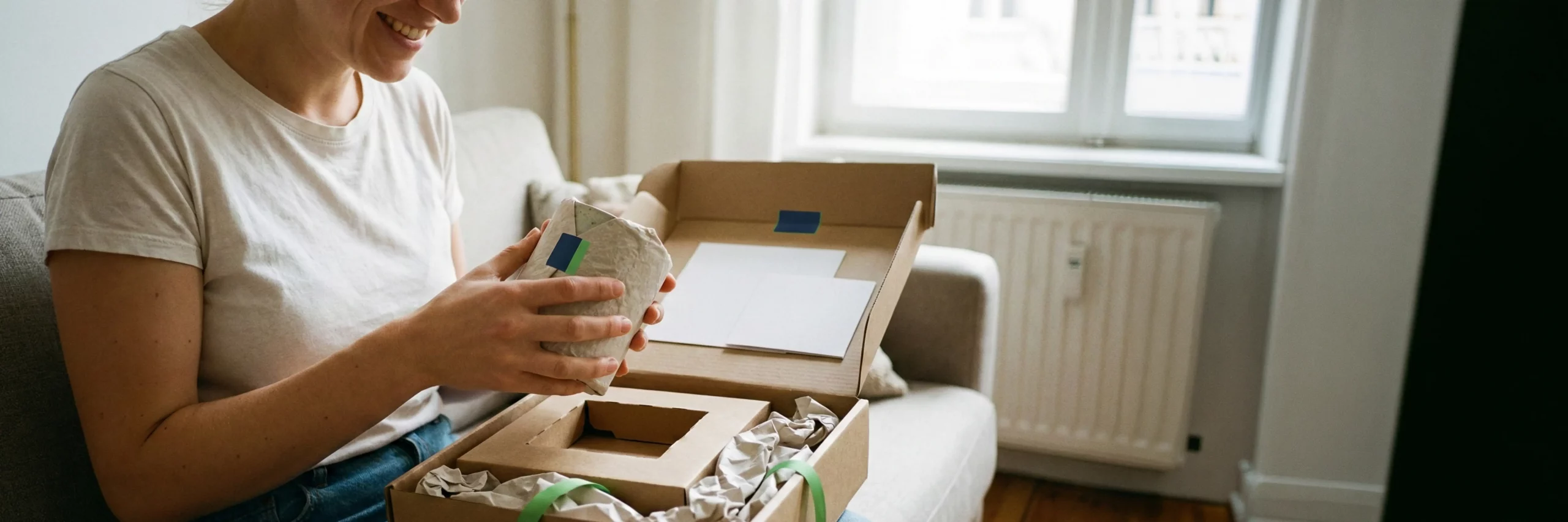 person mit europaeischem erscheinungsbild oeffnet ein paket und laechelt zufrieden; papierpolster und passgenaues inlay sorgen fuer hochwertiges unboxing, das motiv zeigt product experience im shopify fulfillment