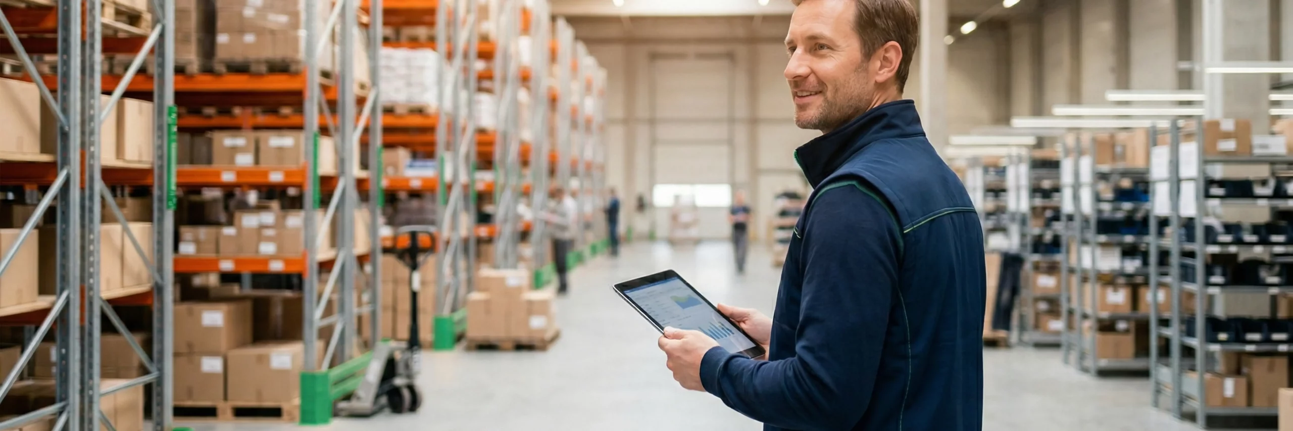 ein zufriedener logistikmanager in dunkelblauer weste mit gruenen naehten ueberblickt mit einem tablet die ablaeufe in einem hellen all in fulfillment center mit gruenen sicherheitsleitplanken.
