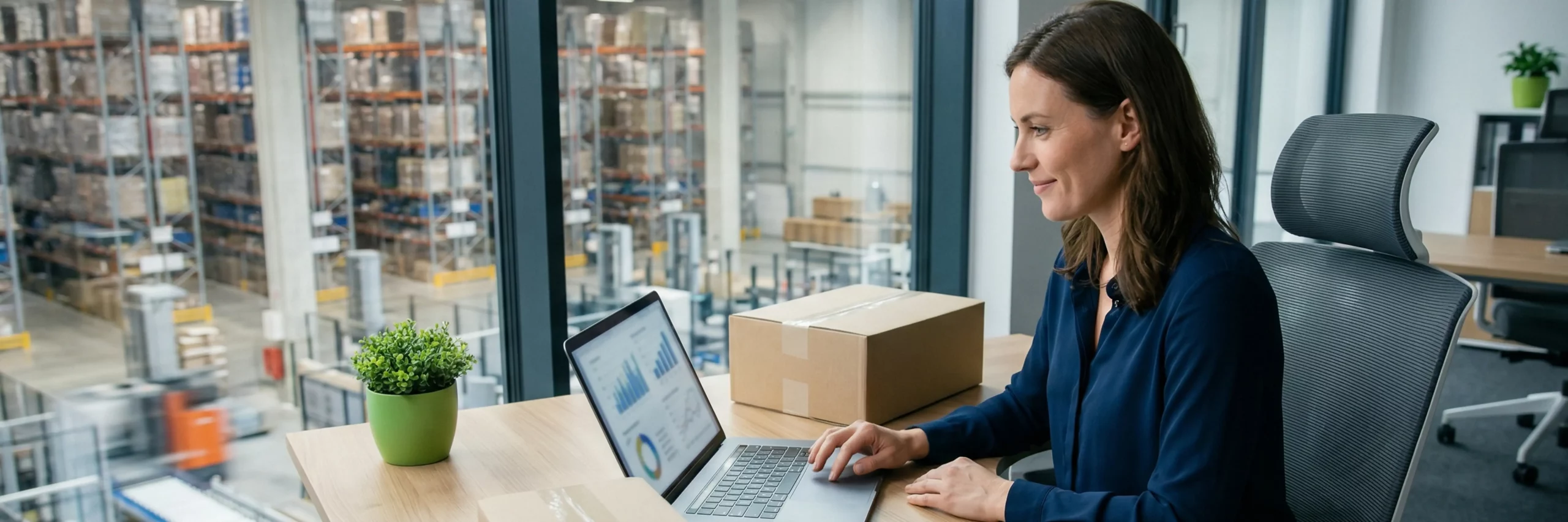 eine geschaeftsfrau analysiert konzentriert daten auf einem laptop neben einem paket im buero eines b2b fulfillment centers.