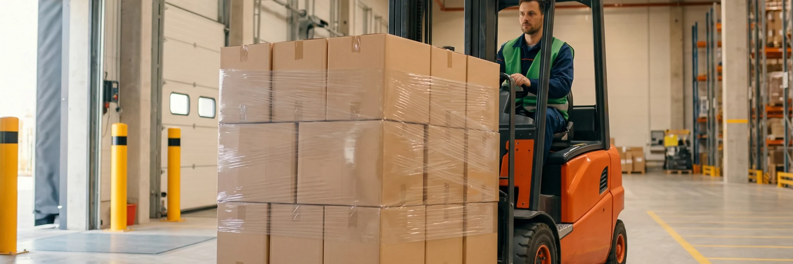 ein gabelstapler transportiert eine voll beladene palette mit standardisierten kartons in einem grossen b2b fulfillment center