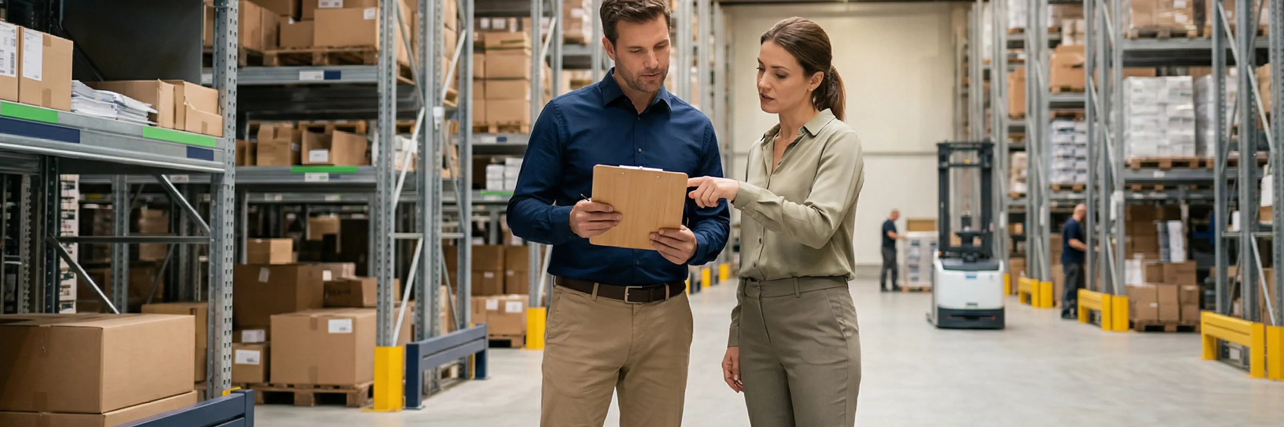 zwei logistikmanager besprechen ein dokument auf einem klemmbrett in einem hellen b2b fulfillment center mit hohen regalen.