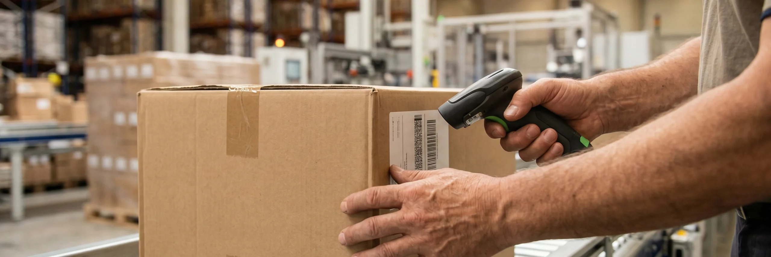 die haende eines mitarbeiters scannen sorgfaeltig ein verpacktes paket auf einem foerderband im b2b fulfillment center.