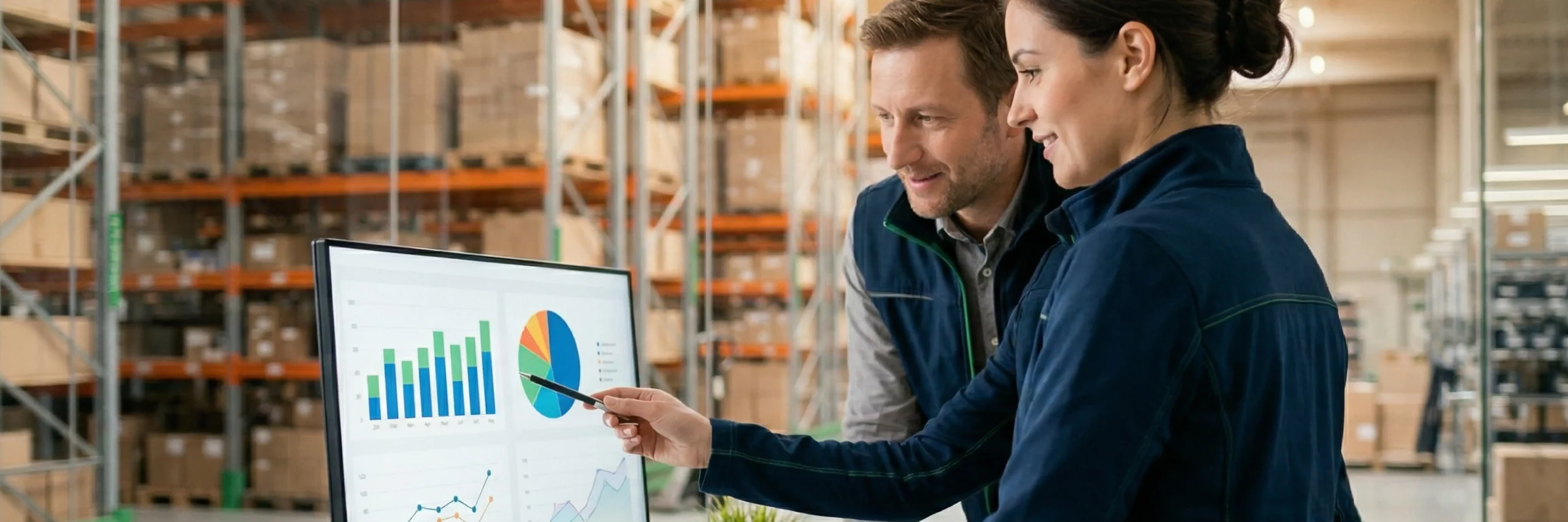 ein europaeisches team aus einer frau und einem mann prueft mit fokussierten und erleichterten gesichtern das inventar auf einem monitor im modernen buero neben einem fulfillment lager.