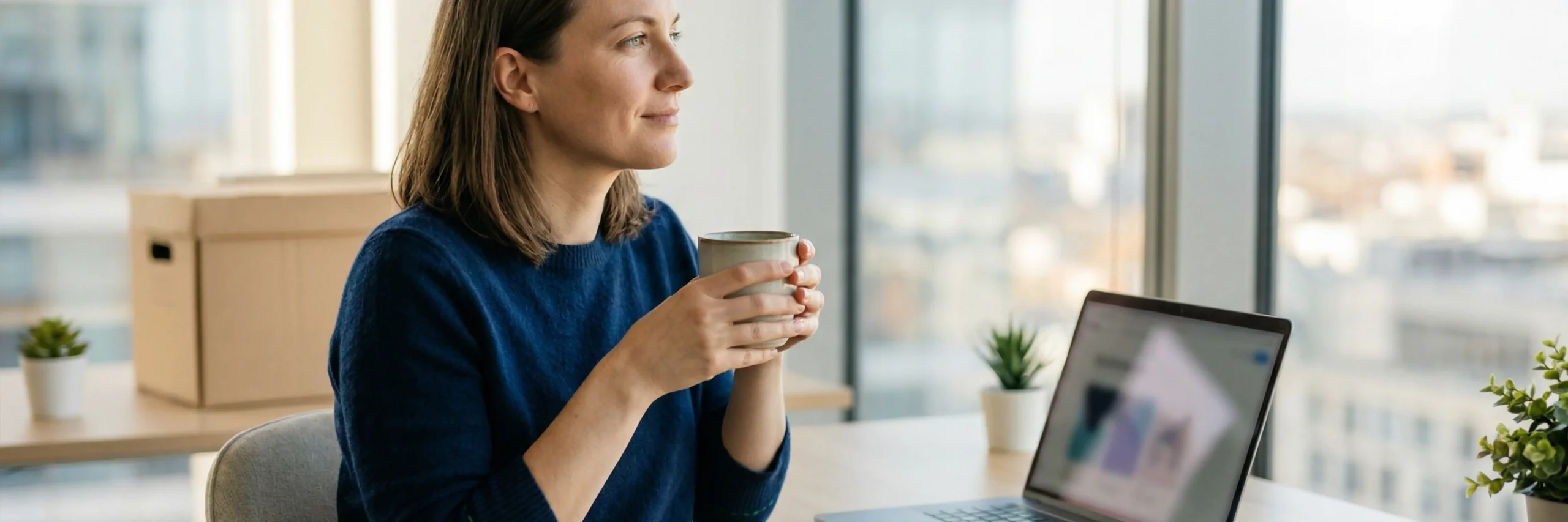 eine entspannte europaeische e commerce gruenderin sitzt stolz und zuversichtlich in ihrem hellen modern buero und blickt aus dem fenster.