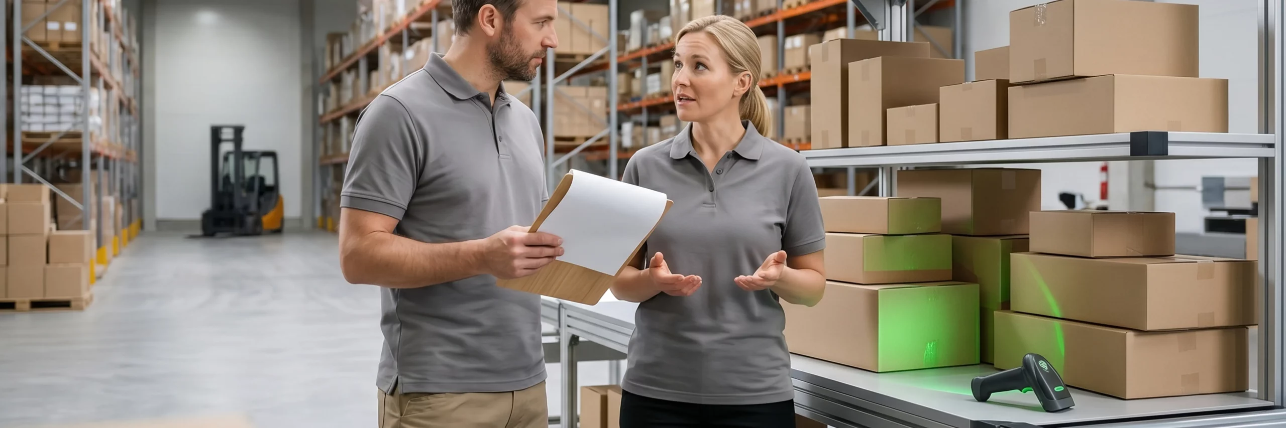 Zwei Logistikexperten besprechen Strategien für E-Commerce Wachstum.