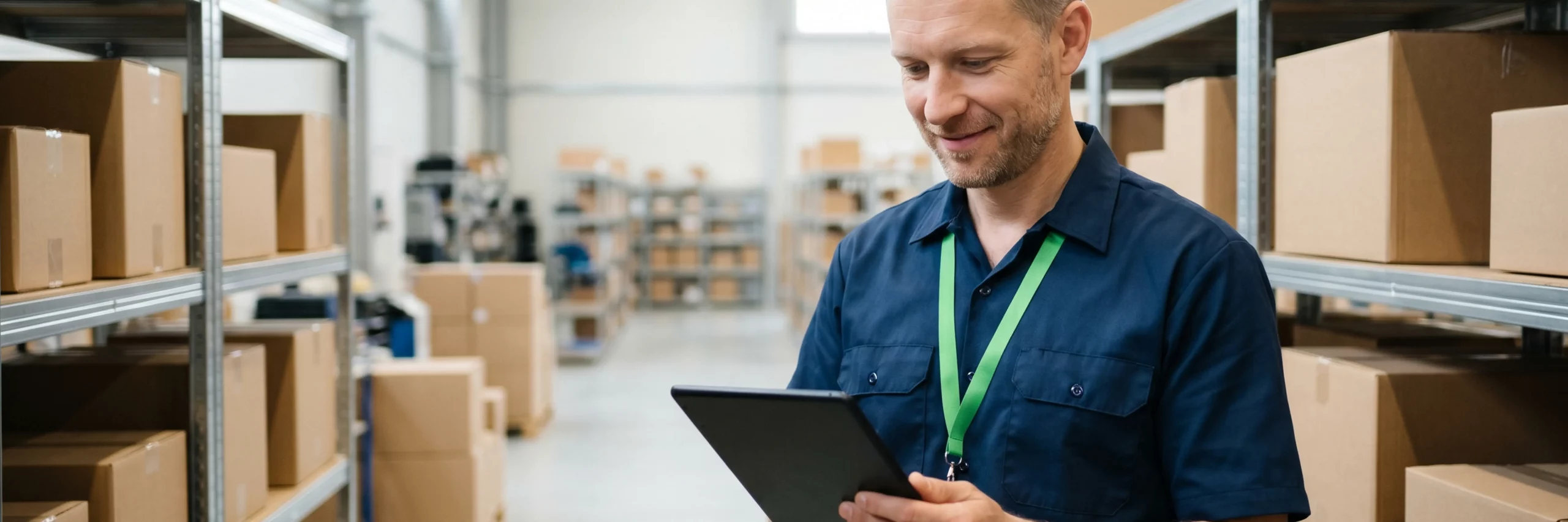 Fokussierter Logistikmitarbeiter prüft Versanddaten auf einem Tablet im Lager.
